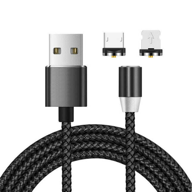 2 in 1 USB to 8 Pin + Micro USB Magnetic Metal Interface Nylon Braided Charging Cable, Length: 1m(Black)-garmade.com