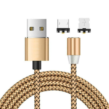 2 in 1 USB to 8 Pin + Micro USB Magnetic Metal Interface Nylon Braided Charging Cable, Length: 1m(Gold)-garmade.com