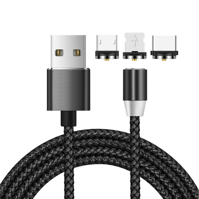 3 in 1 USB to 8 Pin + Type-C/USB-C + Micro USB Magnetic Metal Interface Nylon Braided Charging Cable, Length: 1m(Black)-garmade.com