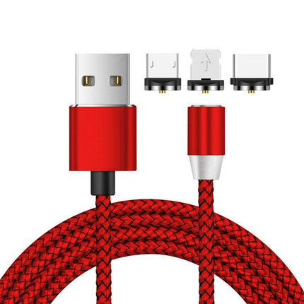 3 in 1 USB to 8 Pin + Type-C/USB-C + Micro USB Magnetic Metal Interface Nylon Braided Charging Cable, Length: 1m(Red)-garmade.com