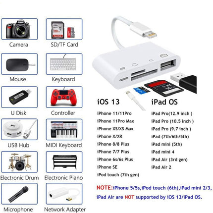 ZS-S1827 4 in 1 SD Card + TF Card + 8 Pin Charge + USB Interface to 8 Pin Interface Camera Reader Adapter, Support All iOS System-garmade.com