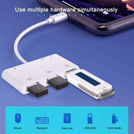 ZS-S1852 6 in 1 3 USB Female to 8 Pin Male OTG Camera Card Reader Adapter with SD & TF Card & 8 Pin Charging Interface, Support All iOS System-garmade.com