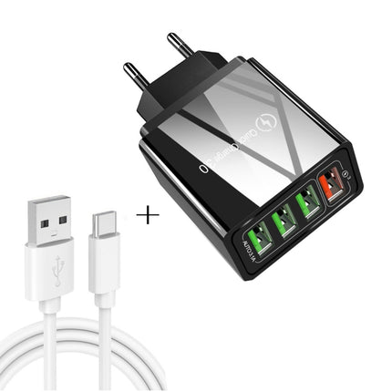 2 in 1 USB to USB-C / Type-C Data Cable + 30W QC 3.0 4 USB Interfaces Mobile Phone Tablet PC Universal Quick Charger Travel Charger Set, EU Plug(Black)-garmade.com