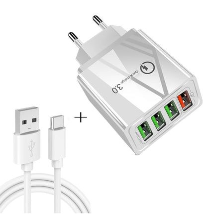 2 in 1 USB to USB-C / Type-C Data Cable + 30W QC 3.0 4 USB Interfaces Mobile Phone Tablet PC Universal Quick Charger Travel Charger Set, EU Plug(White)-garmade.com