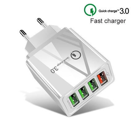 2 in 1 USB to USB-C / Type-C Data Cable + 30W QC 3.0 4 USB Interfaces Mobile Phone Tablet PC Universal Quick Charger Travel Charger Set, EU Plug(White)-garmade.com