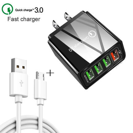 2 in 1 1m USB to Micro USB Data Cable + 30W QC 3.0 4 USB Interfaces Mobile Phone Tablet PC Universal Quick Charger Travel Charger Set, US Plug(White)-garmade.com