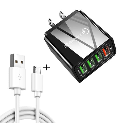 2 in 1 1m USB to Micro USB Data Cable + 30W QC 3.0 4 USB Interfaces Mobile Phone Tablet PC Universal Quick Charger Travel Charger Set, US Plug(Black)-garmade.com