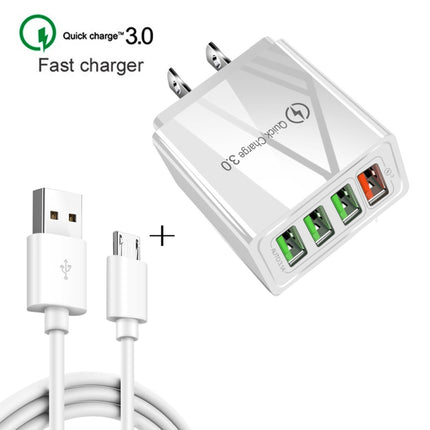 2 in 1 1m USB to Micro USB Data Cable + 30W QC 3.0 4 USB Interfaces Mobile Phone Tablet PC Universal Quick Charger Travel Charger Set, US Plug(Black)-garmade.com