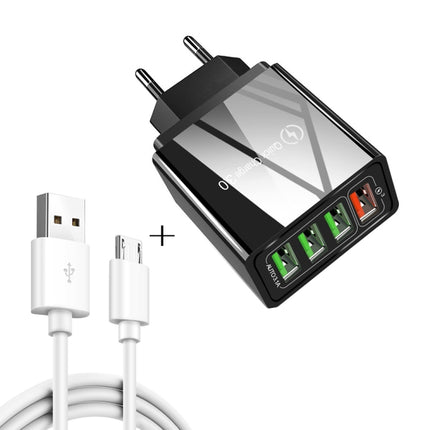 2 in 1 1m USB to Micro USB Data Cable + 30W QC 3.0 4 USB Interfaces Mobile Phone Tablet PC Universal Quick Charger Travel Charger Set, EU Plug(Black)-garmade.com