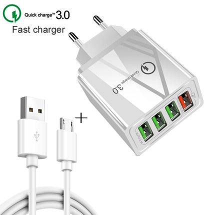 2 in 1 1m USB to Micro USB Data Cable + 30W QC 3.0 4 USB Interfaces Mobile Phone Tablet PC Universal Quick Charger Travel Charger Set, EU Plug(Black)-garmade.com
