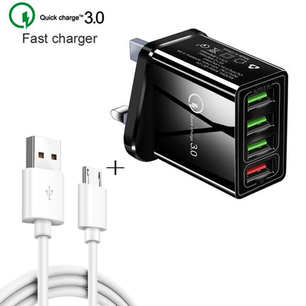 2 in 1 1m USB to Micro USB Data Cable + 30W QC 3.0 4 USB Interfaces Mobile Phone Tablet PC Universal Quick Charger Travel Charger Set, UK Plug(White)-garmade.com