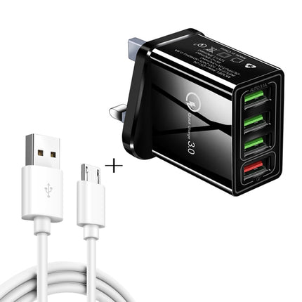 2 in 1 1m USB to Micro USB Data Cable + 30W QC 3.0 4 USB Interfaces Mobile Phone Tablet PC Universal Quick Charger Travel Charger Set, UK Plug(Black)-garmade.com