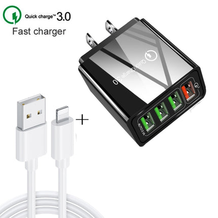 2 in 1 1m USB to 8 Pin Data Cable + 30W QC 3.0 4 USB Interfaces Mobile Phone Tablet PC Universal Quick Charger Travel Charger Set, US Plug(Black)-garmade.com