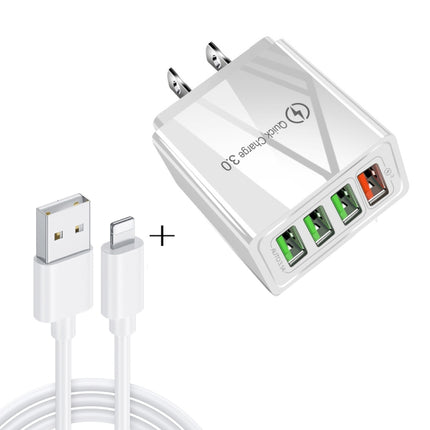 2 in 1 1m USB to 8 Pin Data Cable + 30W QC 3.0 4 USB Interfaces Mobile Phone Tablet PC Universal Quick Charger Travel Charger Set, US Plug(White)-garmade.com