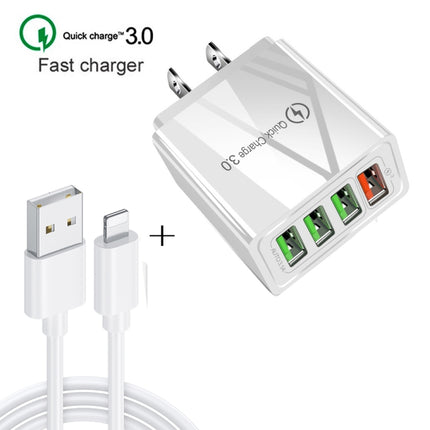 2 in 1 1m USB to 8 Pin Data Cable + 30W QC 3.0 4 USB Interfaces Mobile Phone Tablet PC Universal Quick Charger Travel Charger Set, US Plug(White)-garmade.com