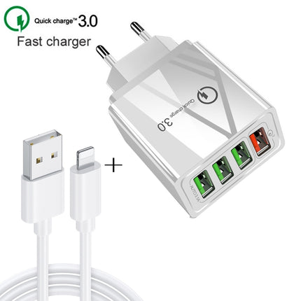 2 in 1 1m USB to 8 Pin Data Cable + 30W QC 3.0 4 USB Interfaces Mobile Phone Tablet PC Universal Quick Charger Travel Charger Set, EU Plug(White)-garmade.com
