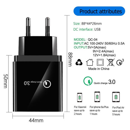 2 in 1 1m USB to 8 Pin Data Cable + 30W QC 3.0 4 USB Interfaces Mobile Phone Tablet PC Universal Quick Charger Travel Charger Set, EU Plug(Black)-garmade.com