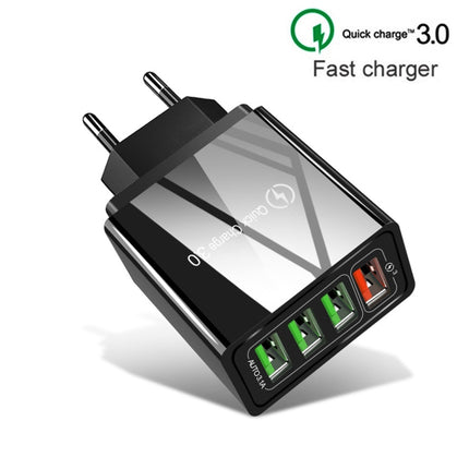 2 in 1 1m USB to 8 Pin Data Cable + 30W QC 3.0 4 USB Interfaces Mobile Phone Tablet PC Universal Quick Charger Travel Charger Set, EU Plug(Black)-garmade.com