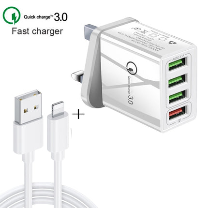 2 in 1 1m USB to 8 Pin Data Cable + 30W QC 3.0 4 USB Interfaces Mobile Phone Tablet PC Universal Quick Charger Travel Charger Set, UK Plug(White)-garmade.com
