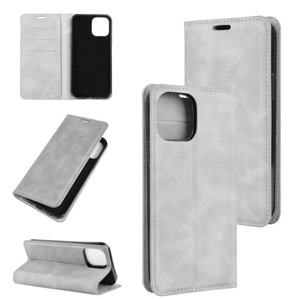For iPhone 12 / 12 Pro Retro-skin Business Magnetic Suction Leather Case with Holder & Card Slots & Wallet(Grey)-garmade.com