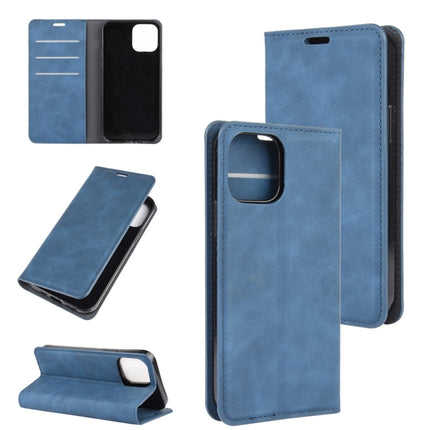 For iPhone 12 / 12 Pro Retro-skin Business Magnetic Suction Leather Case with Holder & Card Slots & Wallet(Dark Blue)-garmade.com