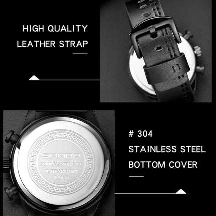 SANDA 5010P Six-Pin Cool Big Dial Waterproof Three-Eye Men Watch Leather Strap Fashion Trend Men Watch(Black)-garmade.com