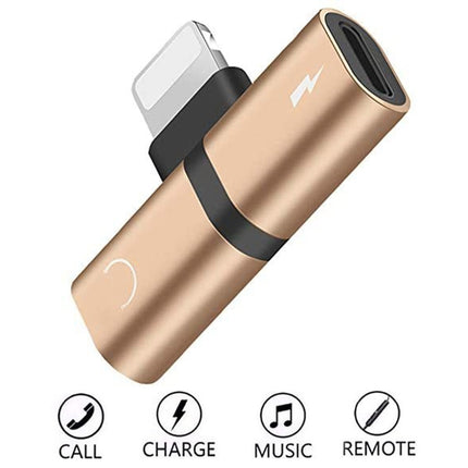 Zs-18182 2 in 1 8 Pin Male to 8 Pin Charging + 8 Pin Audio Female Connector Earphone Adapter, Supports Call & Volume Control(Gold)-garmade.com