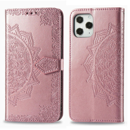 For iPhone 12 / 12 Pro Halfway Mandala Embossing Pattern Horizontal Flip Leather Case with Holder & Card Slots & Wallet & Lanyard(Rose Gold)-garmade.com