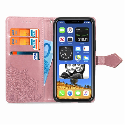 For iPhone 12 / 12 Pro Halfway Mandala Embossing Pattern Horizontal Flip Leather Case with Holder & Card Slots & Wallet & Lanyard(Rose Gold)-garmade.com
