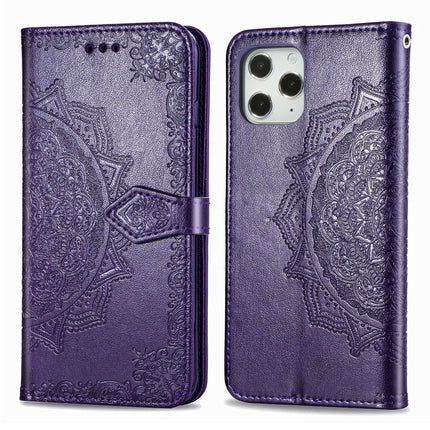 For iPhone 12 / 12 Pro Halfway Mandala Embossing Pattern Horizontal Flip Leather Case with Holder & Card Slots & Wallet & Lanyard(Purple)-garmade.com