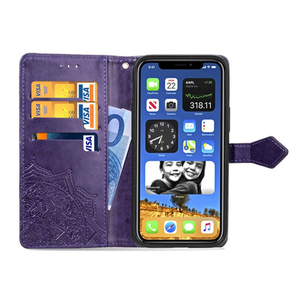 For iPhone 12 / 12 Pro Halfway Mandala Embossing Pattern Horizontal Flip Leather Case with Holder & Card Slots & Wallet & Lanyard(Purple)-garmade.com