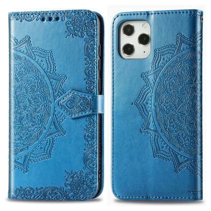 For iPhone 12 / 12 Pro Halfway Mandala Embossing Pattern Horizontal Flip Leather Case with Holder & Card Slots & Wallet & Lanyard(Blue)-garmade.com