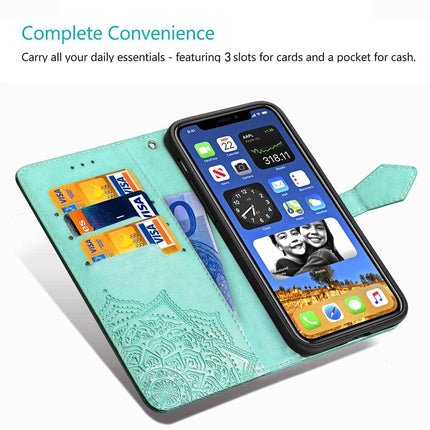 For iPhone 12 / 12 Pro Halfway Mandala Embossing Pattern Horizontal Flip Leather Case with Holder & Card Slots & Wallet & Lanyard(Blue)-garmade.com