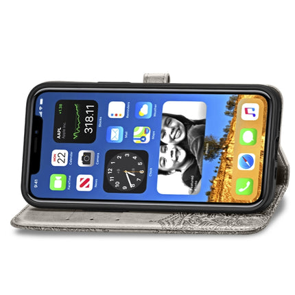 For iPhone 12 / 12 Pro Halfway Mandala Embossing Pattern Horizontal Flip Leather Case with Holder & Card Slots & Wallet & Lanyard(Grey)-garmade.com