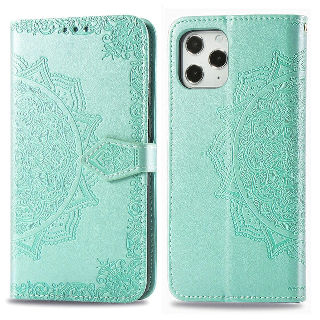 For iPhone 12 / 12 Pro Halfway Mandala Embossing Pattern Horizontal Flip Leather Case with Holder & Card Slots & Wallet & Lanyard(Green)-garmade.com