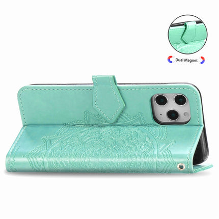 For iPhone 12 / 12 Pro Halfway Mandala Embossing Pattern Horizontal Flip Leather Case with Holder & Card Slots & Wallet & Lanyard(Green)-garmade.com