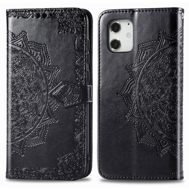 For iPhone 12 mini Halfway Mandala Embossing Pattern Horizontal Flip Leather Case with Holder & Card Slots & Wallet & Lanyard(Black)-garmade.com