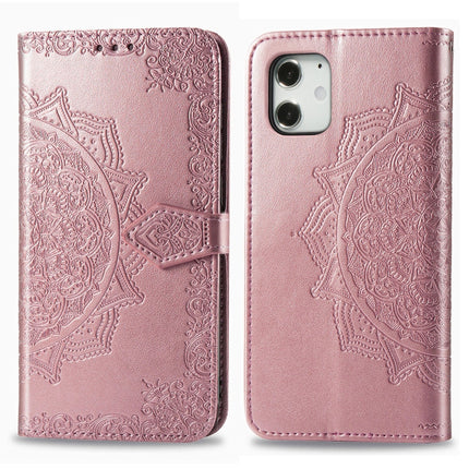 For iPhone 12 mini Halfway Mandala Embossing Pattern Horizontal Flip Leather Case with Holder & Card Slots & Wallet & Lanyard(Rose Gold)-garmade.com