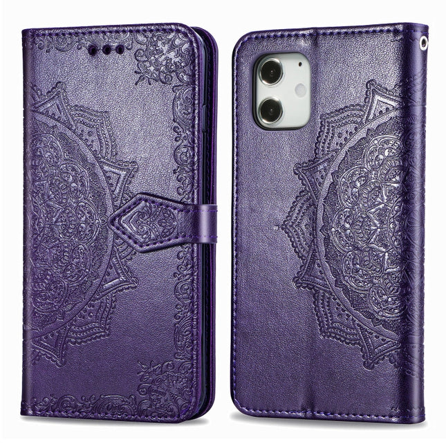 For iPhone 12 mini Halfway Mandala Embossing Pattern Horizontal Flip Leather Case with Holder & Card Slots & Wallet & Lanyard(Purple)-garmade.com