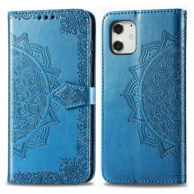 For iPhone 12 mini Halfway Mandala Embossing Pattern Horizontal Flip Leather Case with Holder & Card Slots & Wallet & Lanyard(Blue)-garmade.com