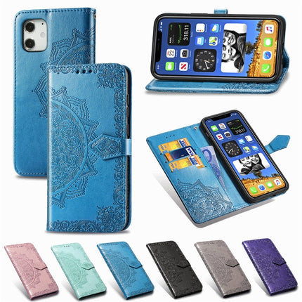 For iPhone 12 mini Halfway Mandala Embossing Pattern Horizontal Flip Leather Case with Holder & Card Slots & Wallet & Lanyard(Blue)-garmade.com
