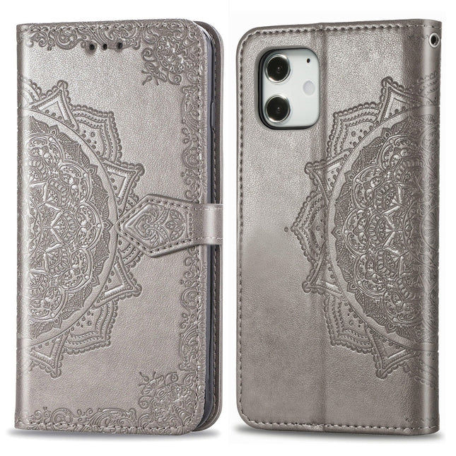 For iPhone 12 mini Halfway Mandala Embossing Pattern Horizontal Flip Leather Case with Holder & Card Slots & Wallet & Lanyard(Grey)-garmade.com