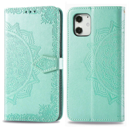 For iPhone 12 mini Halfway Mandala Embossing Pattern Horizontal Flip Leather Case with Holder & Card Slots & Wallet & Lanyard(Green)-garmade.com