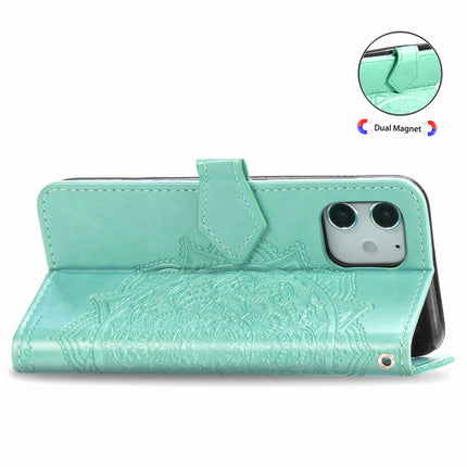 For iPhone 12 mini Halfway Mandala Embossing Pattern Horizontal Flip Leather Case with Holder & Card Slots & Wallet & Lanyard(Green)-garmade.com