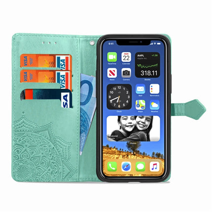 For iPhone 12 mini Halfway Mandala Embossing Pattern Horizontal Flip Leather Case with Holder & Card Slots & Wallet & Lanyard(Green)-garmade.com