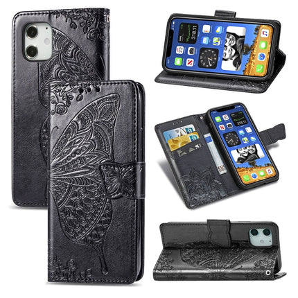 For iPhone 12 / 12 Pro 6.1 inch Butterfly Love Flower Embossed Horizontal Flip Leather Case with Bracket / Card Slot / Wallet / Lanyard(Black)-garmade.com