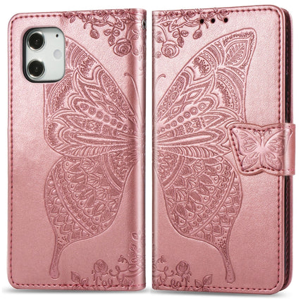 For iPhone 12 / 12 Pro 6.1 inch Butterfly Love Flower Embossed Horizontal Flip Leather Case with Bracket / Card Slot / Wallet / Lanyard(Rose Gold)-garmade.com