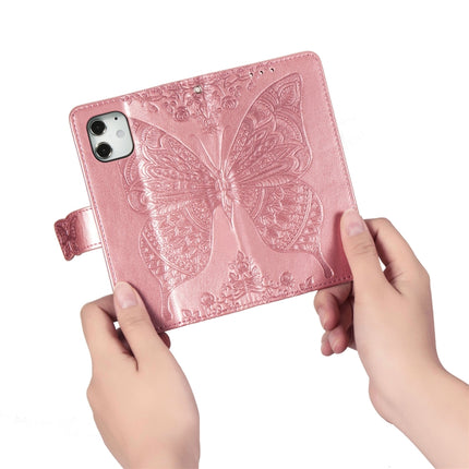 For iPhone 12 / 12 Pro 6.1 inch Butterfly Love Flower Embossed Horizontal Flip Leather Case with Bracket / Card Slot / Wallet / Lanyard(Rose Gold)-garmade.com
