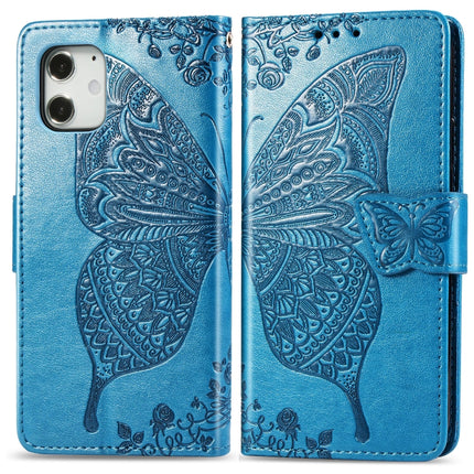 For iPhone 12 / 12 Pro 6.1 inch Butterfly Love Flower Embossed Horizontal Flip Leather Case with Bracket / Card Slot / Wallet / Lanyard(Blue)-garmade.com