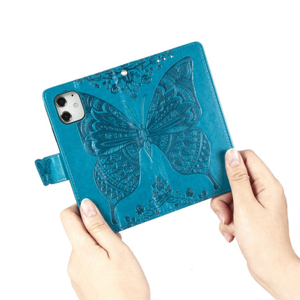 For iPhone 12 / 12 Pro 6.1 inch Butterfly Love Flower Embossed Horizontal Flip Leather Case with Bracket / Card Slot / Wallet / Lanyard(Blue)-garmade.com